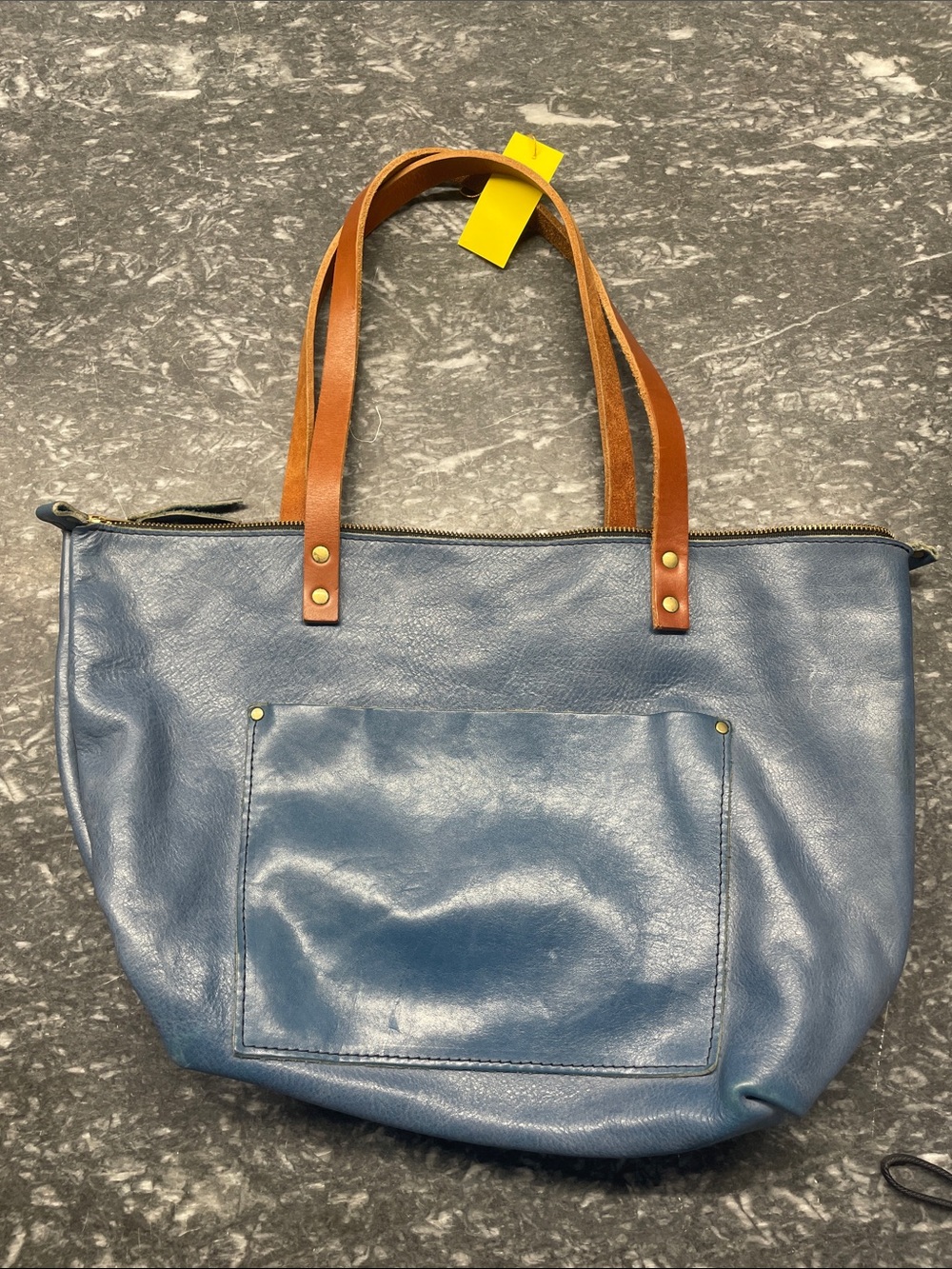 Portland Leather Blue Tote with Brown Handles